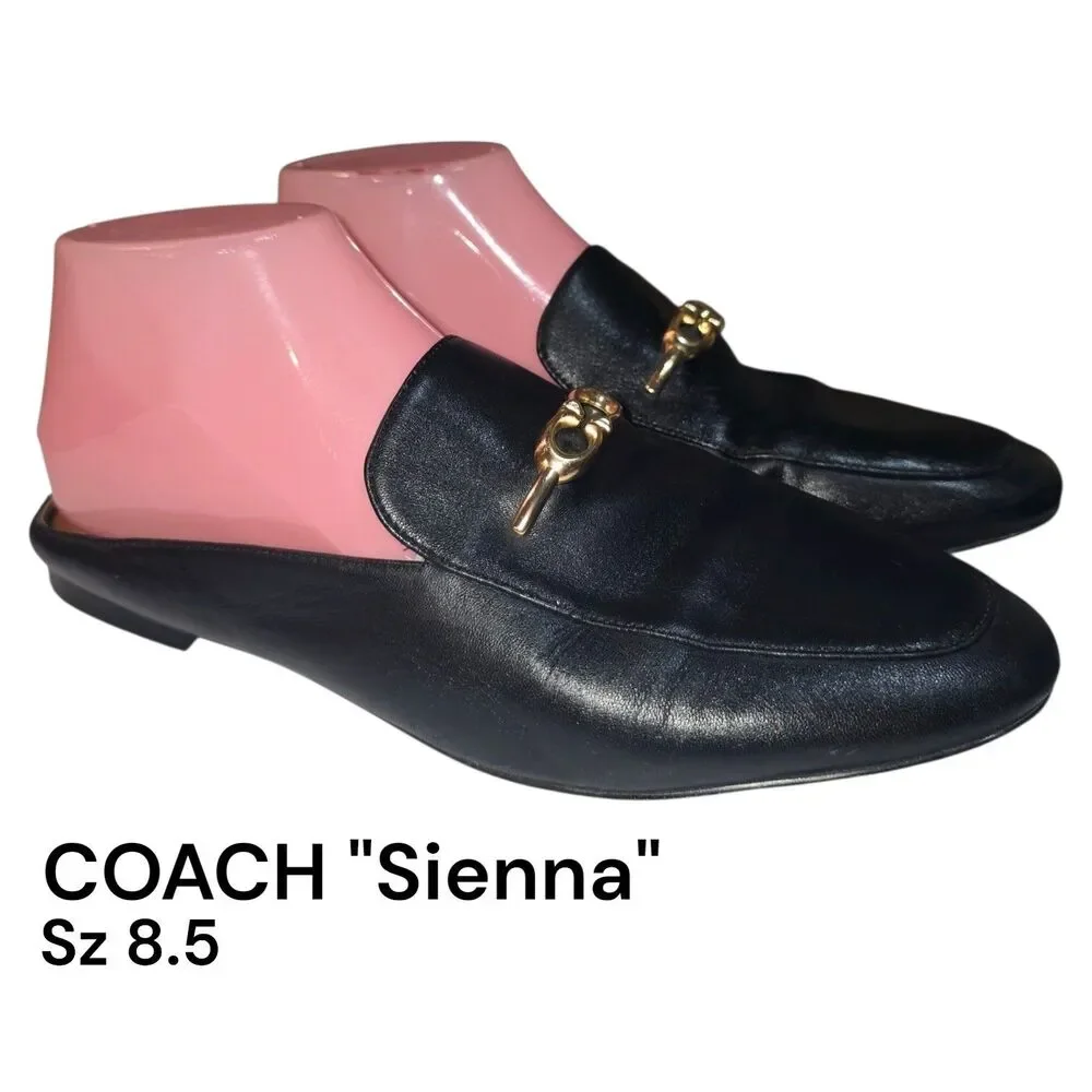 Coach Sz 8.5 Sienna Gold Metal CC Logo Black Leather Preppy Slide Mule Loafers